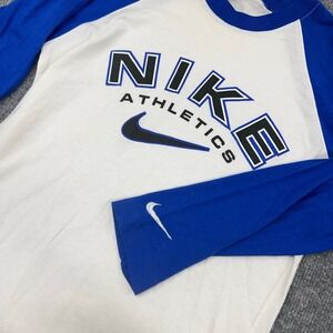 Vintage Nike T Shirt Youth Boys XL White Blue Raglan Spellout Made in USA